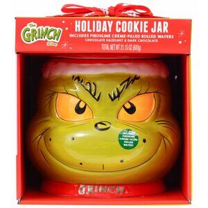 NIB! DR. SEUSS' THE GRINCH 2025 HOLIDAY COOKIE JAR WITH PIROULINE ROLLED WAFERS!